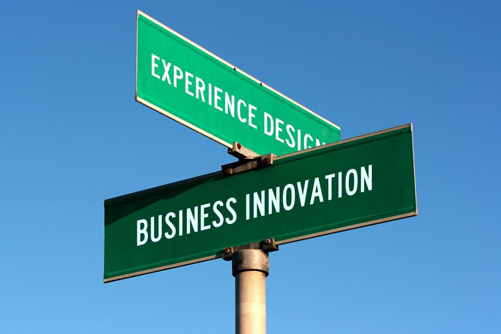 A crossroads sign showing two labels: "Experience Design" & "Business Innovation"