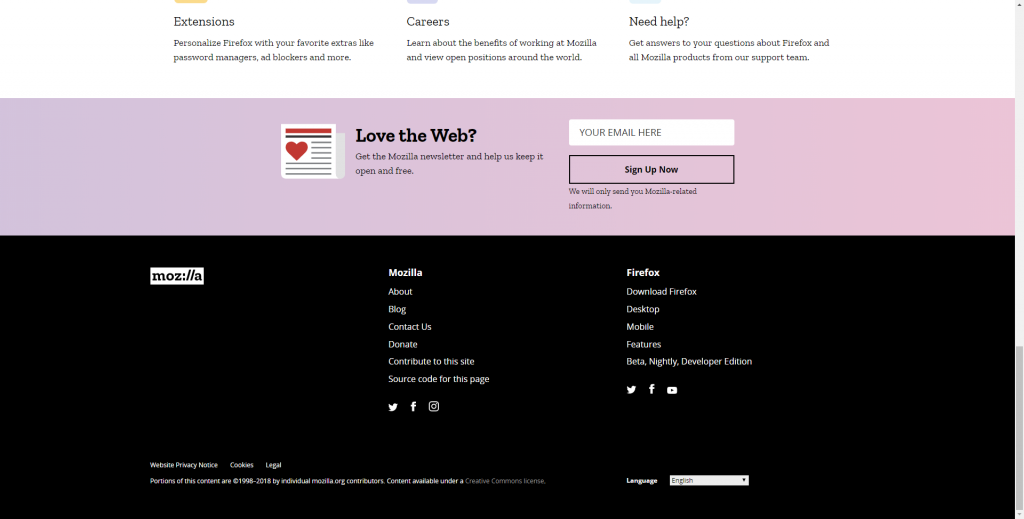 Mozilla's website footer, using clear space to draw attention to the footer links