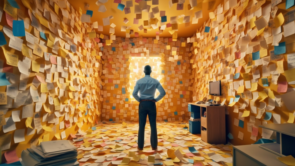 Man stands in the middle of a room whose walls and windows are overflowing with Post-It notes