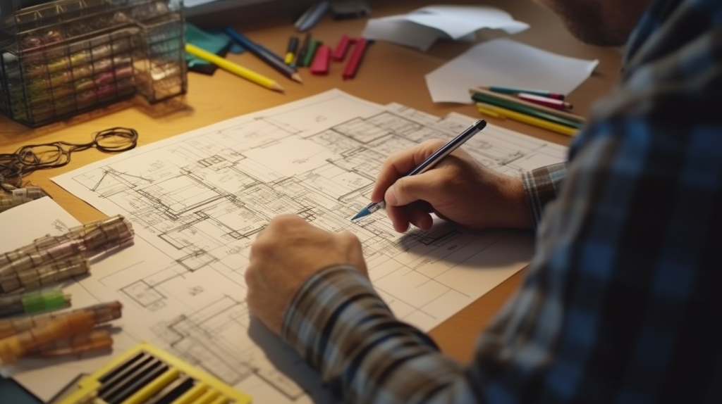A designer in the process of drafting flows, blueprints, and wireframes