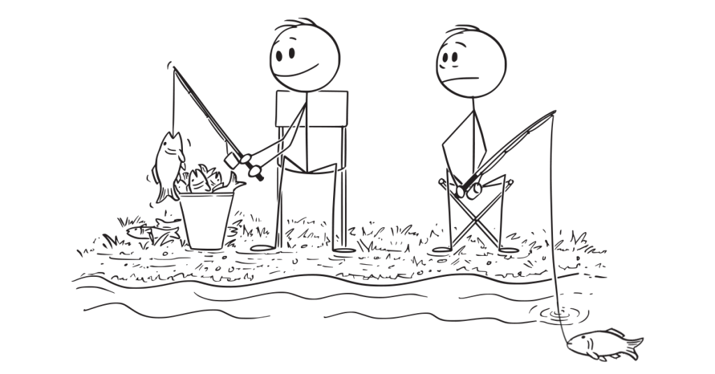2 stick figure men fishing, one has caught lots of fish, the other is dismayed at his partner's success, but is missing the fact that his line has a fish that he can pull out if he only focuses on himself, instead of his competitor.