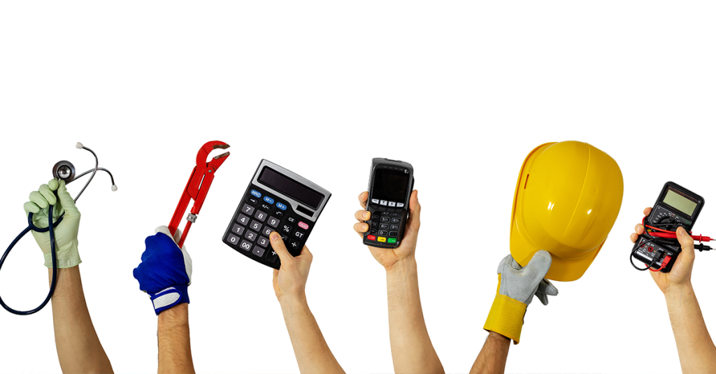 Various hands holding the tools of their trade, including a stethoscope, a wrench, a calculator, a POS, a hard hat, and a voltmeter. An UX agency would have more experience than a UX researcher in these different industries 